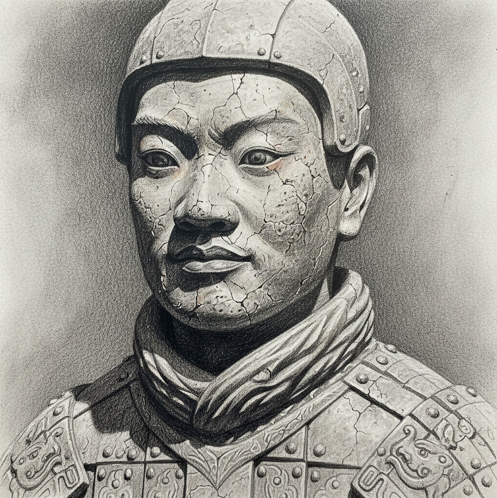 Close‑up of a terra cotta soldier with faint traces of surviving colour on face and armour