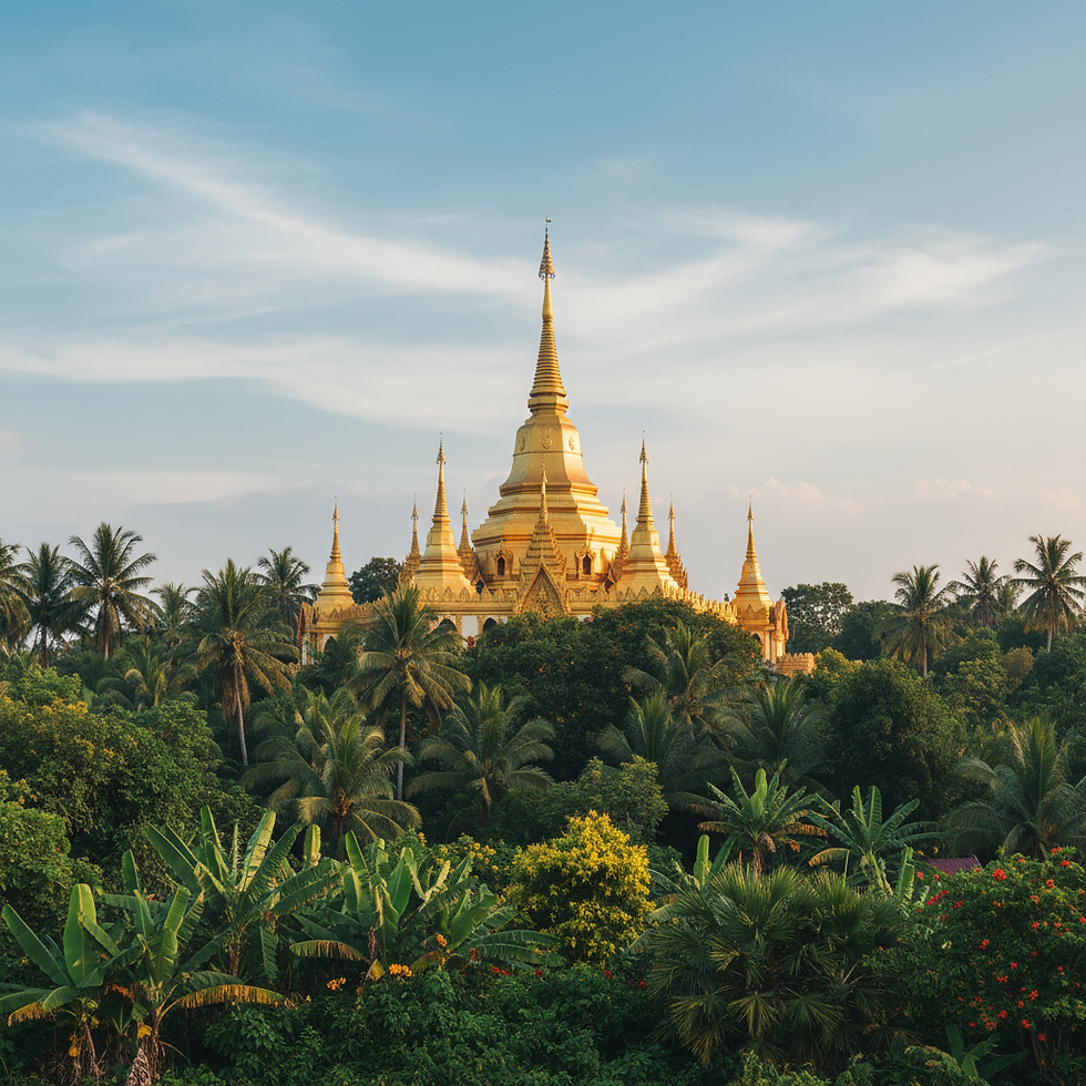 Three Pagodas — three elegant stone towers with their reflection in the still pond in fron