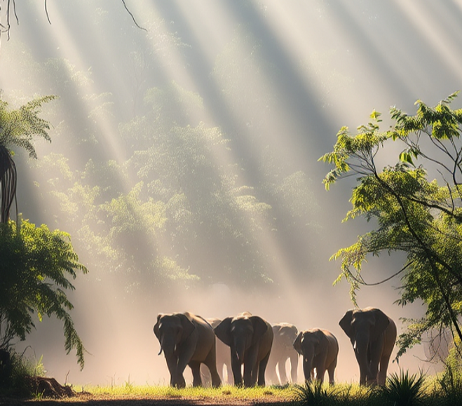 Mist hanging between giant trees, vines like thick ropes, sunlight filtering through the c