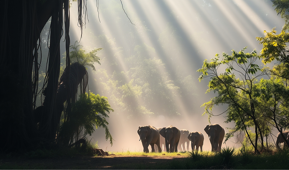 Mist hanging between giant trees, vines like thick ropes, sunlight filtering through the c
