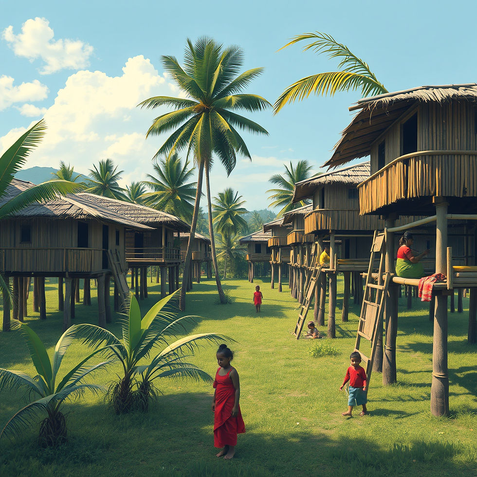 Elevated bamboo houses on wooden posts, coconut and mango trees in every yard, women weavi