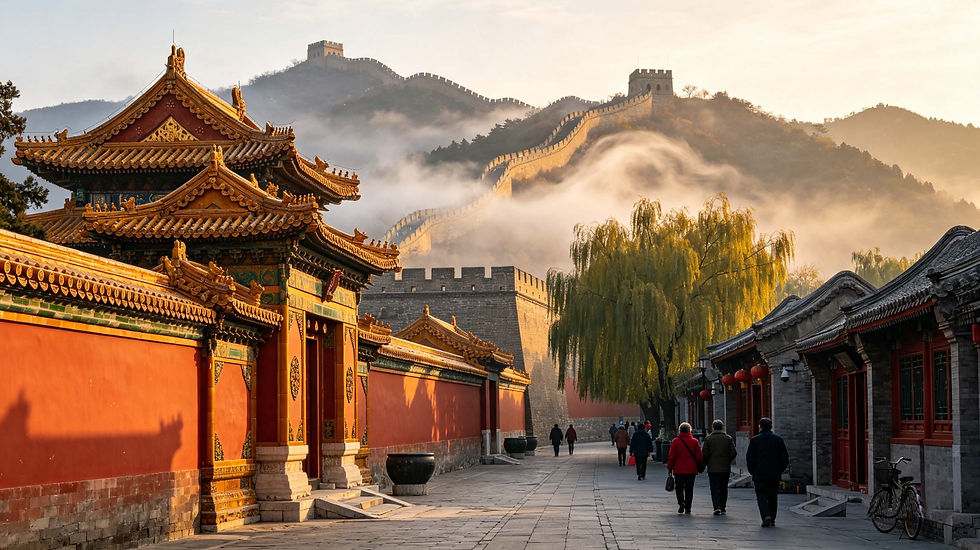 Red walls and golden roofs of the Forbidden City, mist curling over the Great Wall at Jinshanling, and quiet willow‑lined lanes of Shichahai