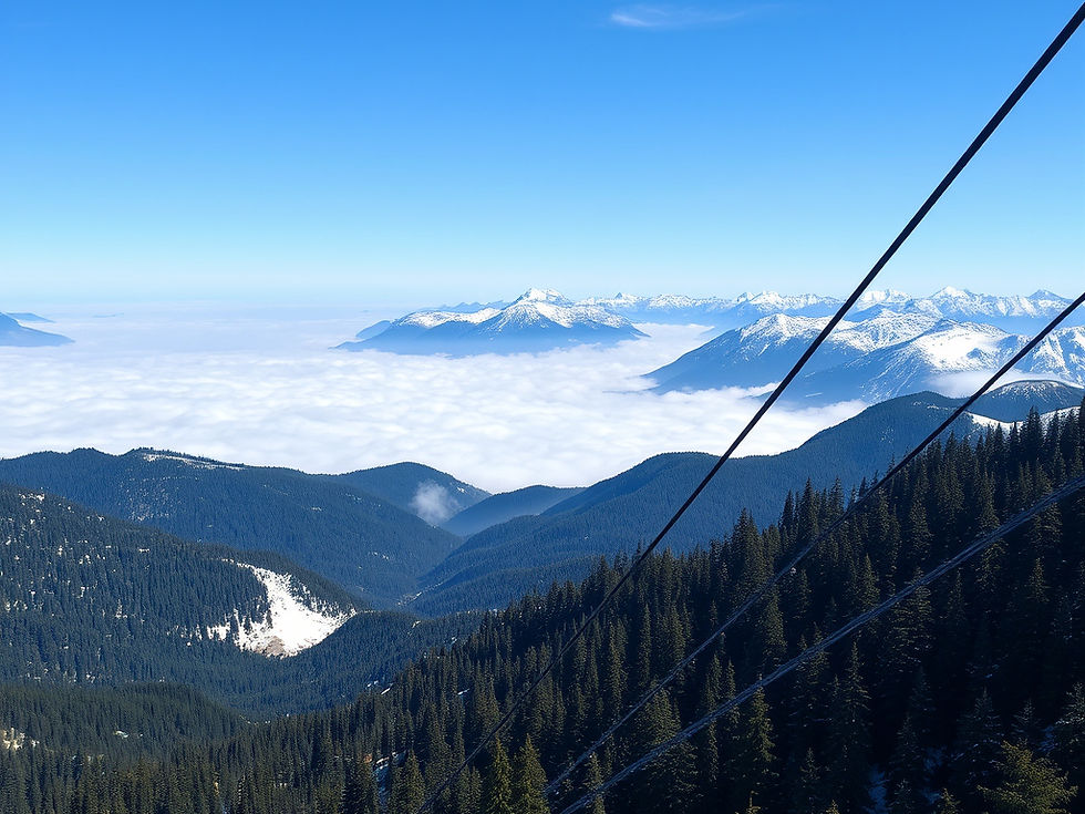 View from the cable car — forested slopes, snow‑dusted peaks, and a sea of clouds filling