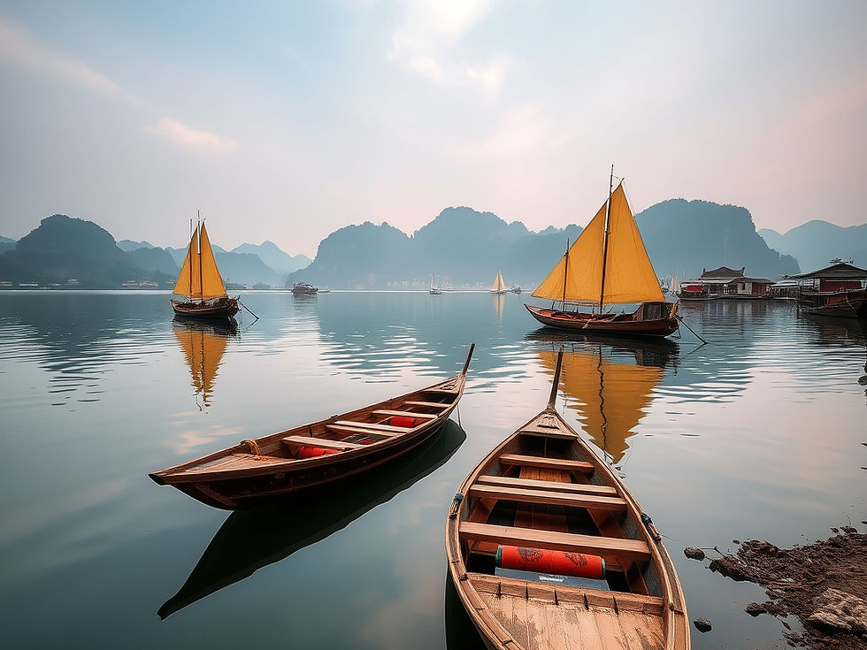 Lakeside view — calm water reflecting Cangshan, traditional wooden fishing boats floating