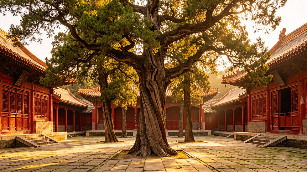 Main temple courtyard, red‑painted halls, towering 1,000‑year‑old cypress trees, stone lions, curling incense smoke
