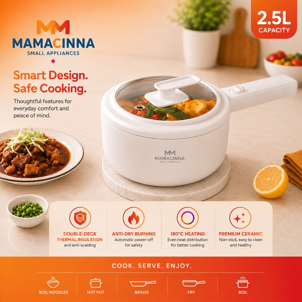 Olla Eléctrica de Cocina MamaCinna 2.5L (Blanca)