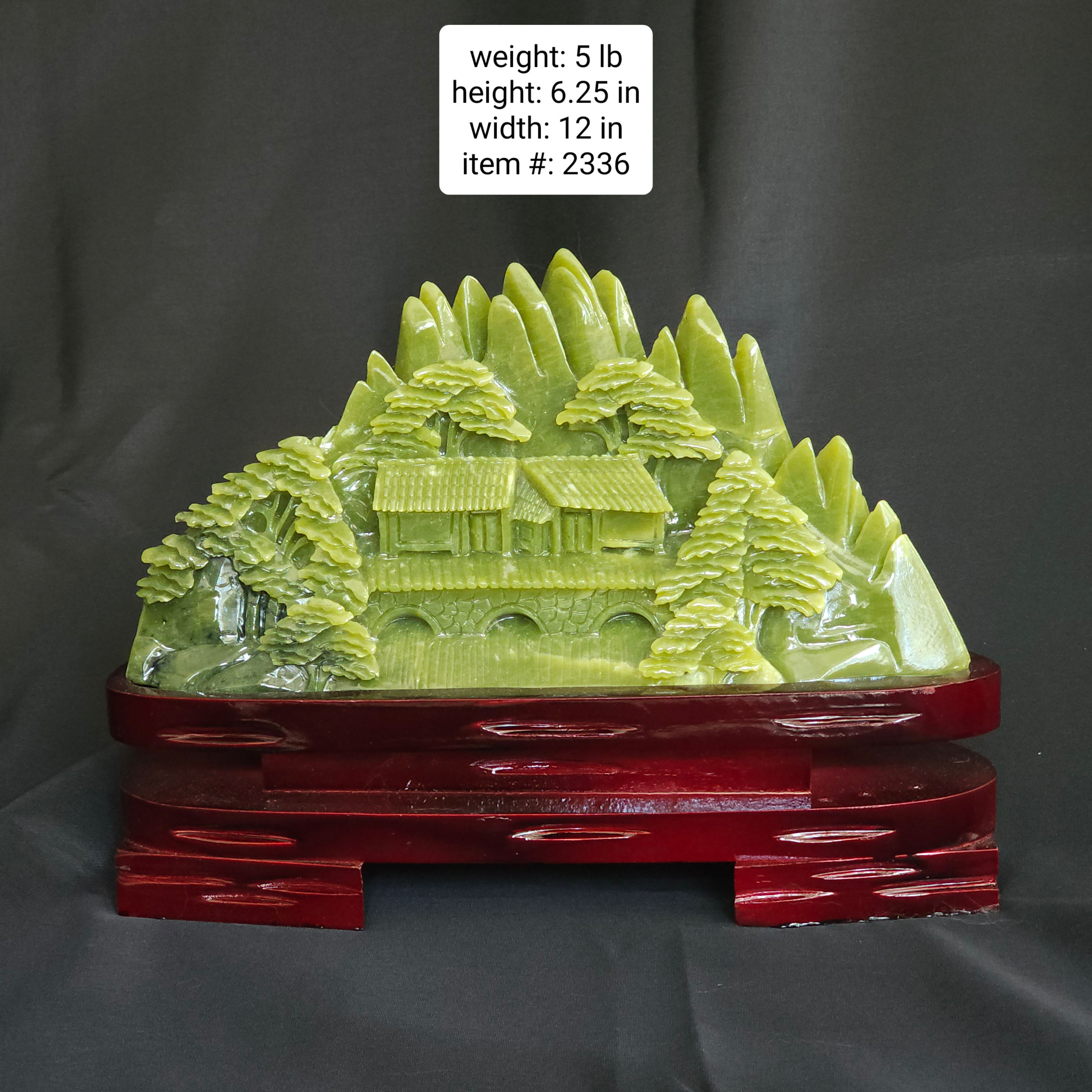 Hand Carved Green Jade Mountain Village Landscape #2336