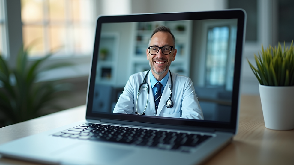 Eye-level view of a laptop showing a telehealth consultation screen