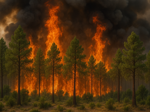 Forest wildfire with intense orange flames.