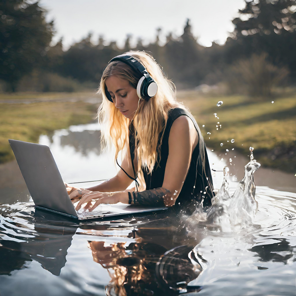 a woman producing music on her laptop with half of her body is submerged in a river