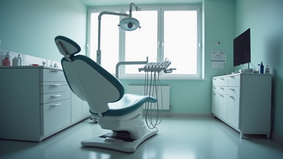 Eye-level view of a dental chair and equipment in a modern clinic