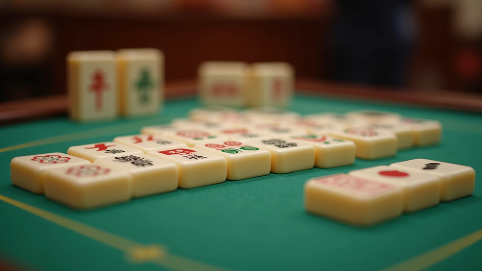 Eye-level view of a Mahjong set with colorful tiles
