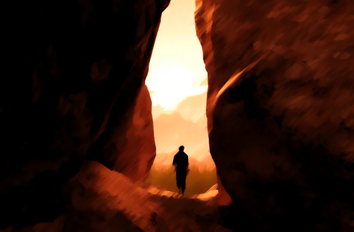 Person silhouette walking toward a bright light under God's Covering.