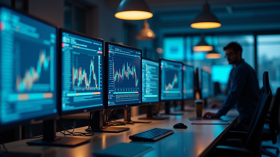 Eye-level view of a modern office workspace with multiple computer screens displaying data charts
