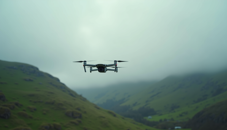 Eye-level view of a drone flying over a misty Welsh valley with rolling hills in the background