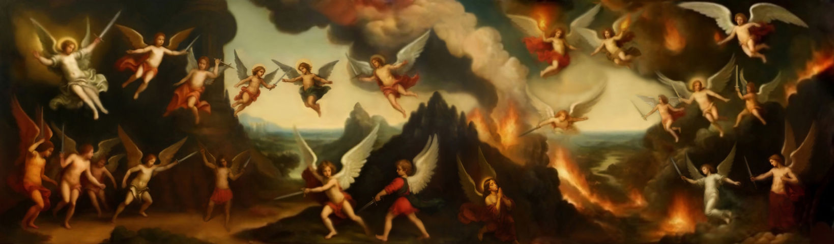 Oil painting by Igor Nigri. Neo-renaissance, High Renaissance, Renaissance. Classical art. The battle of the heavens. Painting of angels.