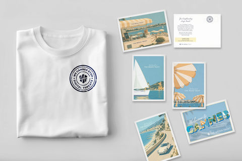 Vintage-inspired Cannes Lions postcard design featuring a coastal Riviera road, classic white car, and Mediterranean blue ocean for The Media Trust event branding.