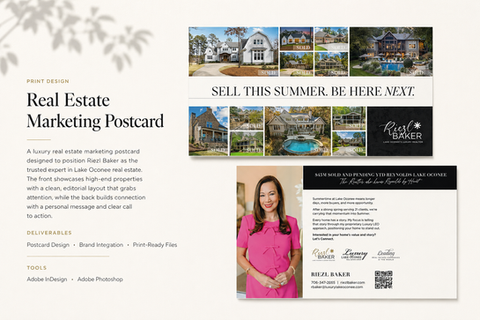 Luxury real estate postcard design showcasing sold properties in Lake Oconee