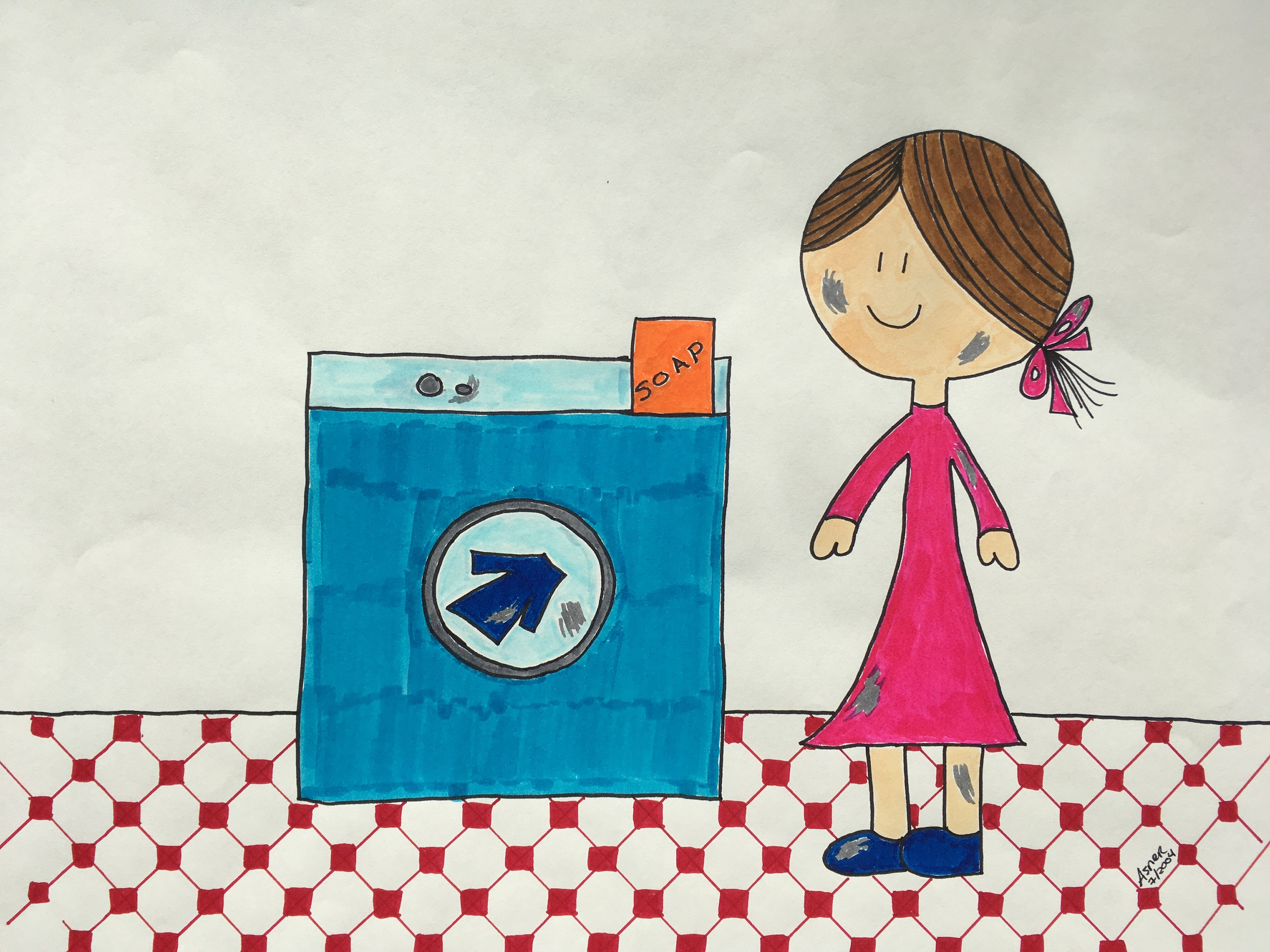 Hand-drawn Shmutzy Girl - Laundry Scene