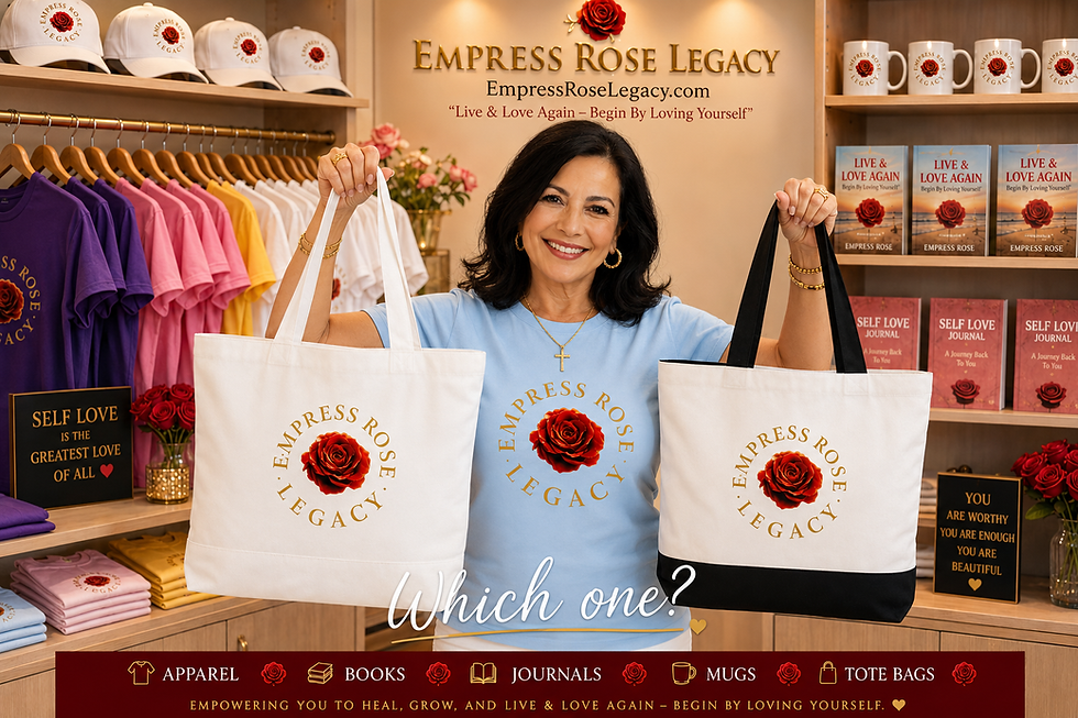 ERL model wearing Empress Rose Legay "Blue Rose Shirt" inside shop with tote bags in hands.