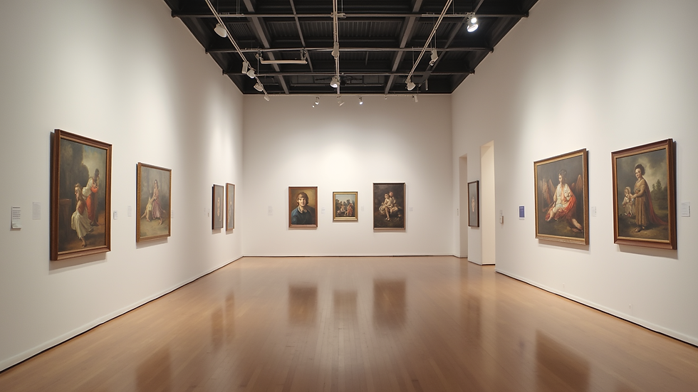 Eye-level view of an art gallery showcasing diverse artworks