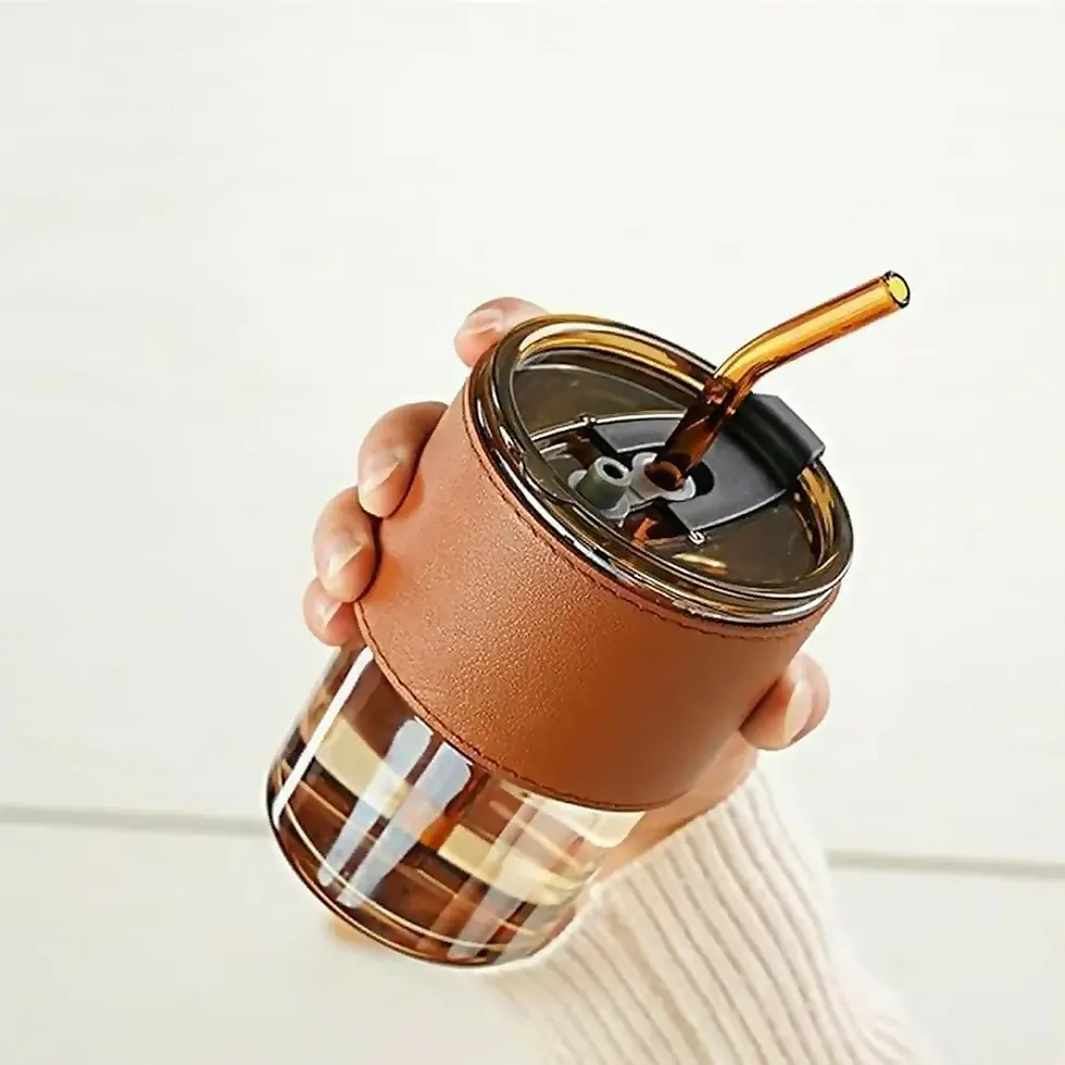 Thumbnail: Glass Tumbler with Straw, Lid & Leather Sleeve – Portable & Stylish