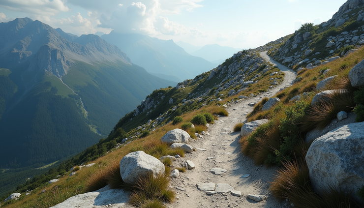Eye-level view of a winding mountain path leading through rocky terrain