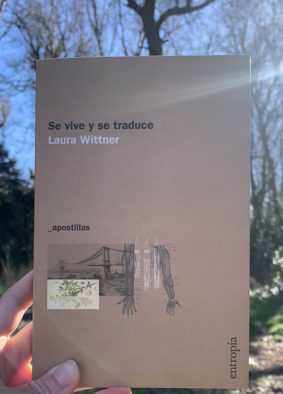 Portada de libro beige sostenida al aire libre que lee: Se vive y se traduce de Laura Wittner, por editorial Entropía.