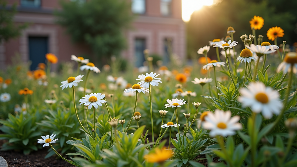 Wide angle view of a community garden flourishing with diverse plants