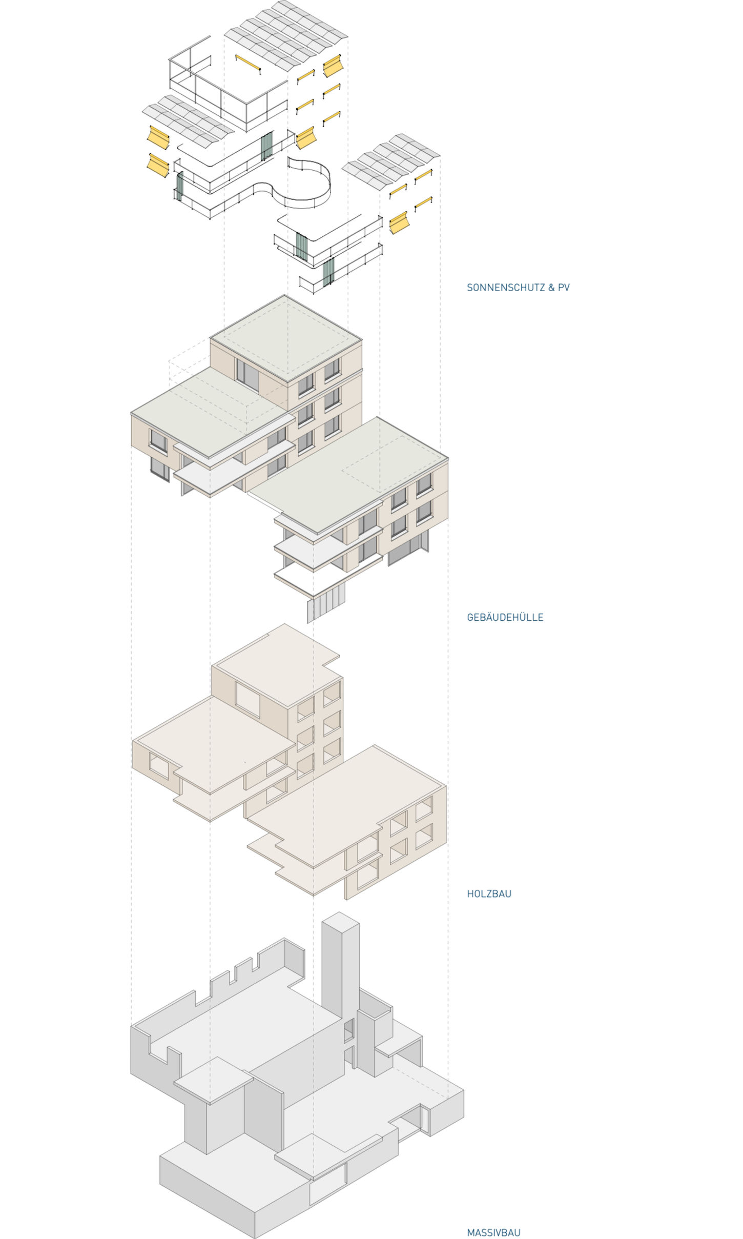 Axonometrische Explositionszeichnung des Wohnhauses. Sichtbare Hybridkonstruktion aus Beton und Holz.