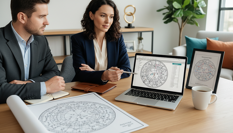 Two professionals looking at astrology maps