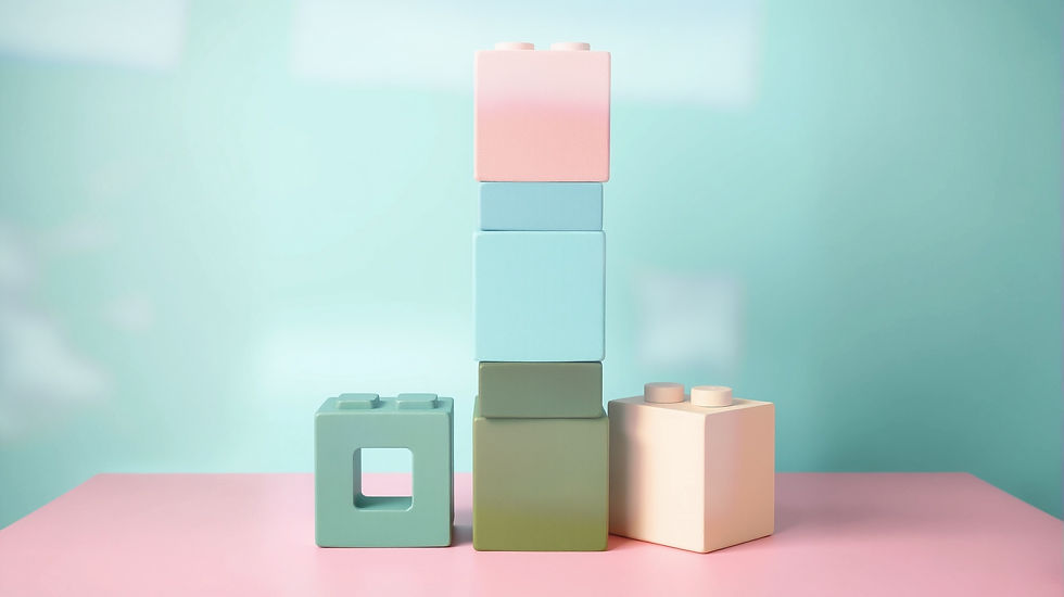 Editorial, tropical-colored (pink, light blue, teal, army green, beige) construction block