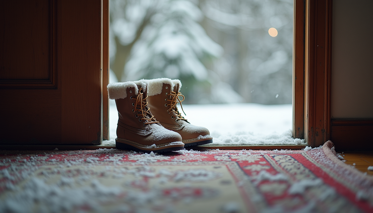 Close-up view of snow-covered boots on a patterned area rug near a doorway