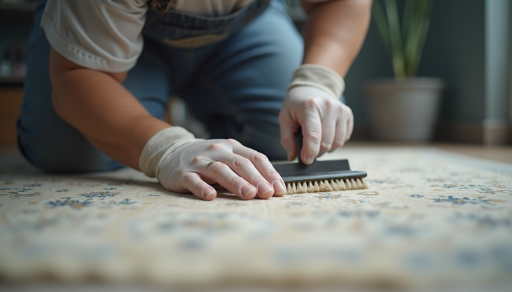 Eye-level view of a professional cleaning technician carefully cleaning a silk rug