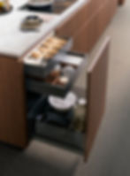 Concrete & Slated Wood Kitchen Cabinets – functional and stylish kitchen layout.