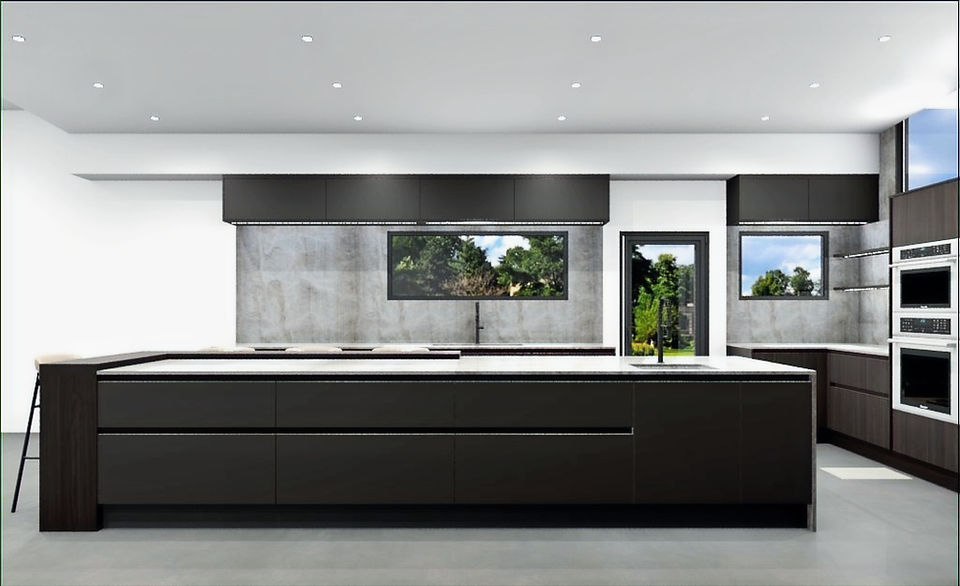 3D kitchen rendering showing layout, island size, and appliance alignment based on the original elevation plans.