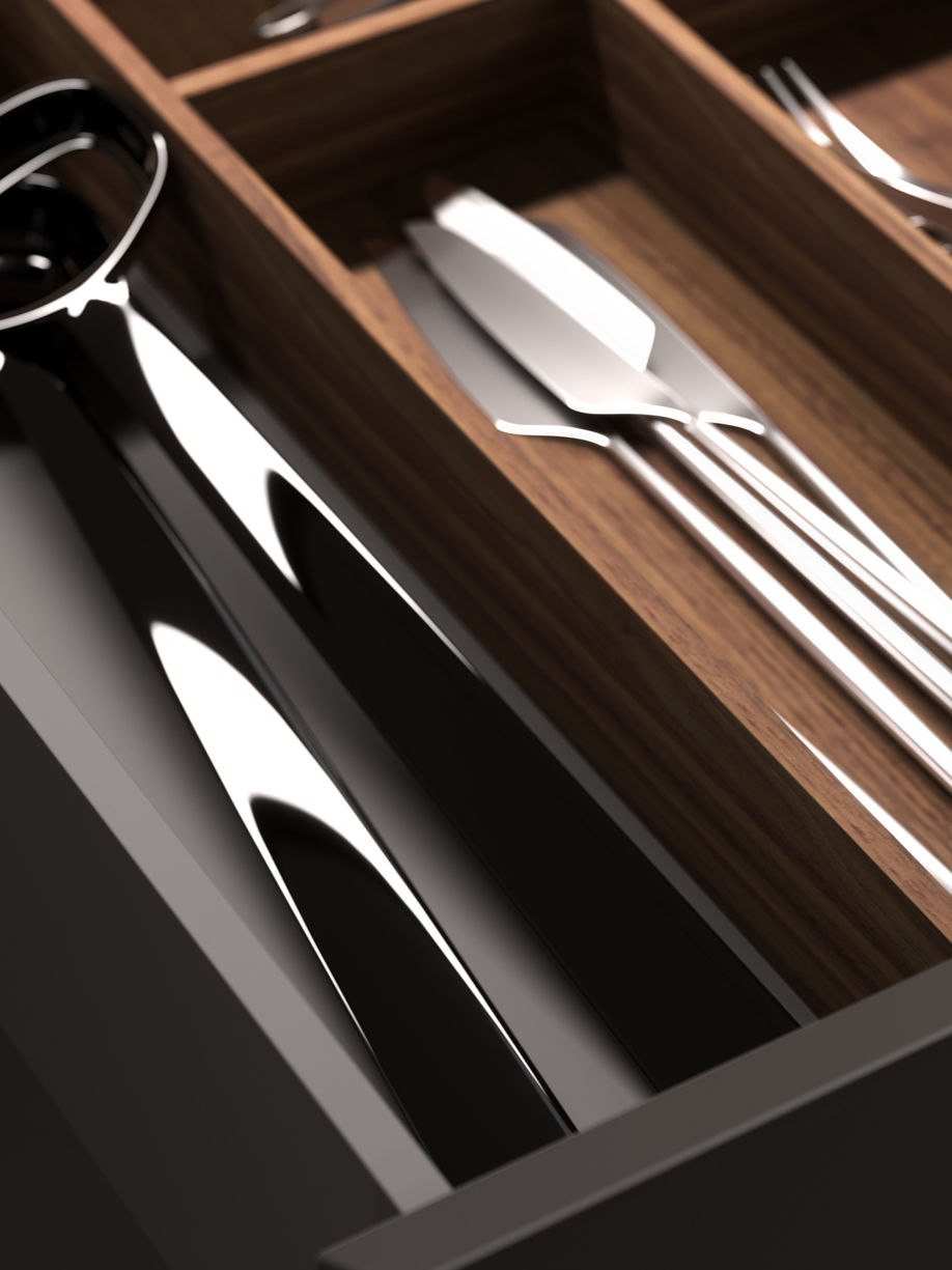 Black kitchen with tall matte cabinets and waterfall-edge island