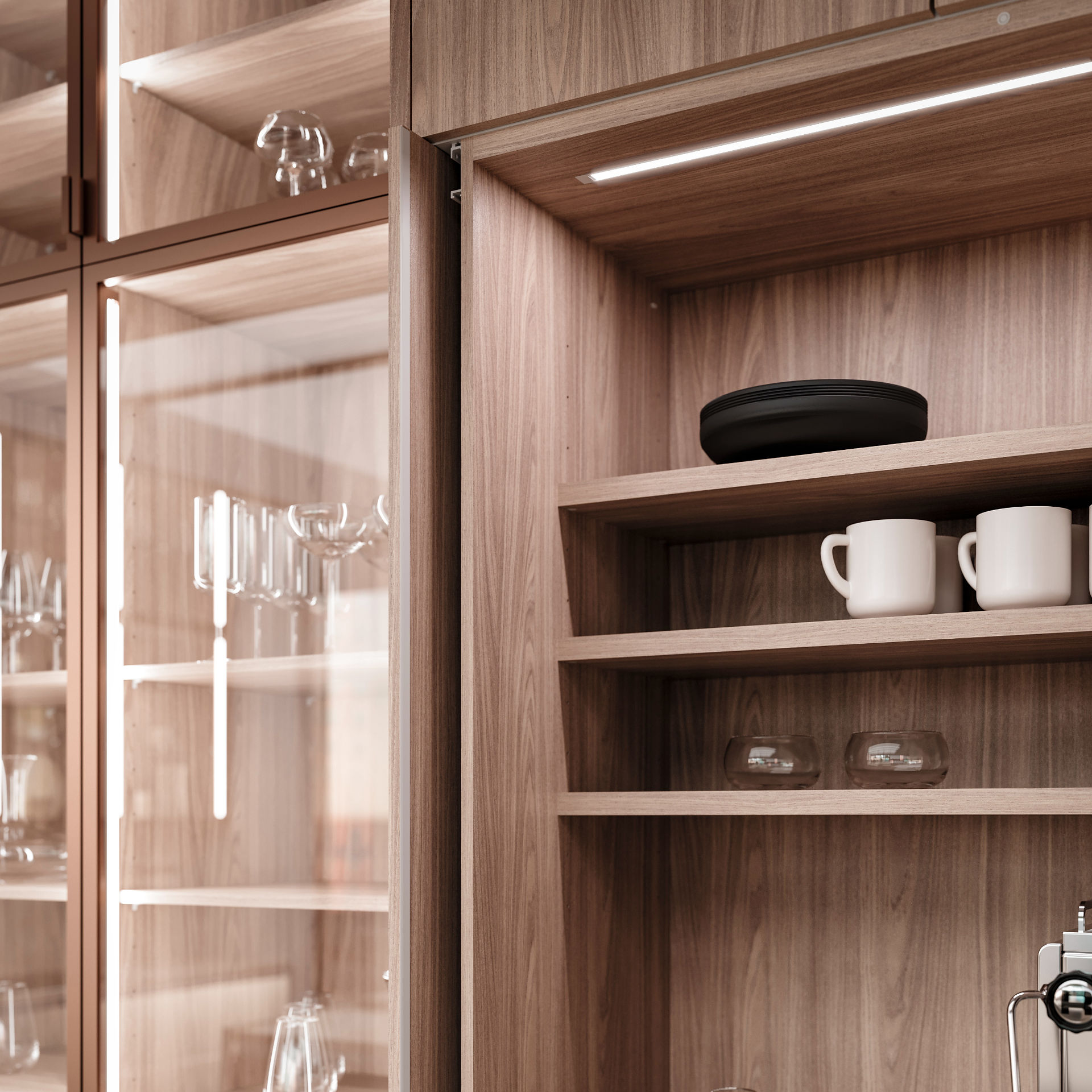 Integrated LED lighting in LEICHT walnut kitchen shelves with glassware and coffee cups