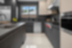 L-Shape Leicht modern kitchen in Whitestone, Queens featuring concrete base cabinets, large island and beige uppers.