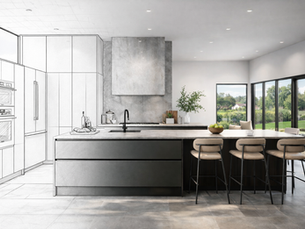 3D kitchen rendering illustrating modern minimalist kitchen design for a New York renovation.