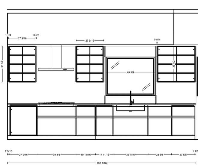 Kitchen elevation drawing showing cabinet alignment and appliance layout for a minimalist kitchen.