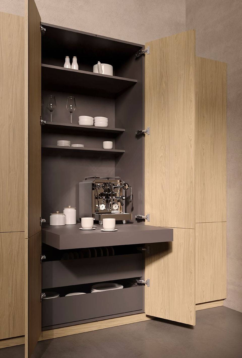 LEICHT tall unit with integrated lift tray extending a pull-out work surface for small appliances