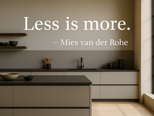 Minimalist kitchen with taupe handleless cabinets and floating shelves, featuring the wall text “Less is more. – Mies van der Rohe,” embodying modern minimalism.
