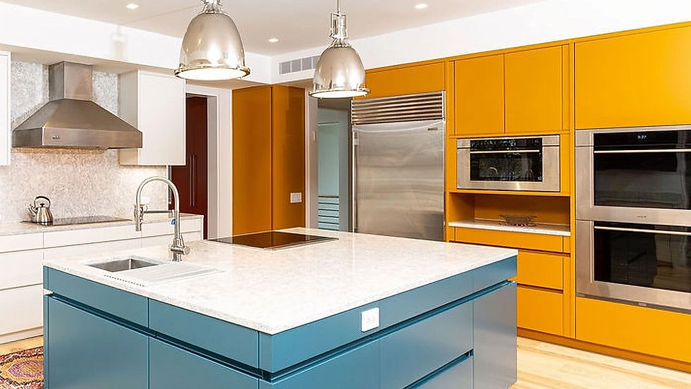 Modern LEICHT German kitchen with custom RAL color cabinets in deep blue