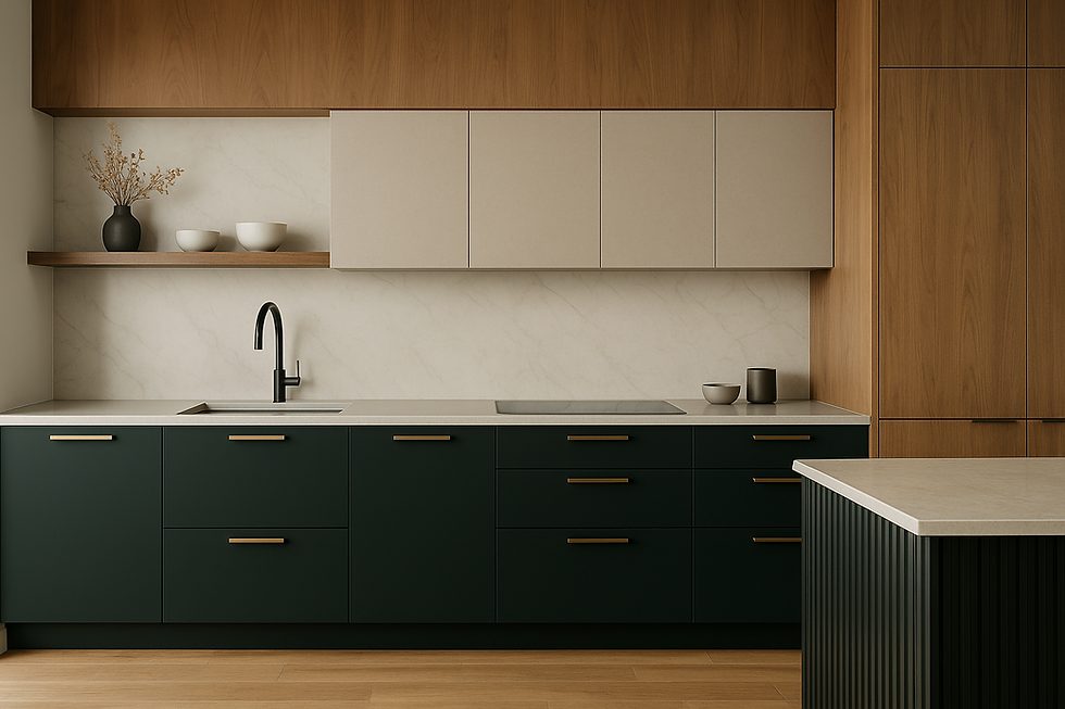 Modern NYC kitchen with deep green matte lower cabinets, beige uppers, and warm oak accents, paired with quartz counters and marble-look backsplash — showcasing timeless neutrals, bold color contrast, durable finishes, and moisture-resistant design.