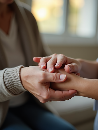 A gentle hand of a caregiver comforting an elderly person's hand, with soft natural daylig