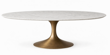 A Oval Carrara Marble Dining Table with Pedestal Base in Antique Brass Finish.