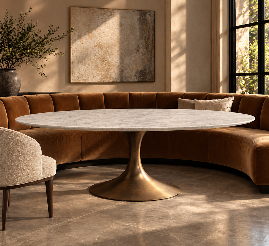 An oval white marble table with a pedestal antique brass base.