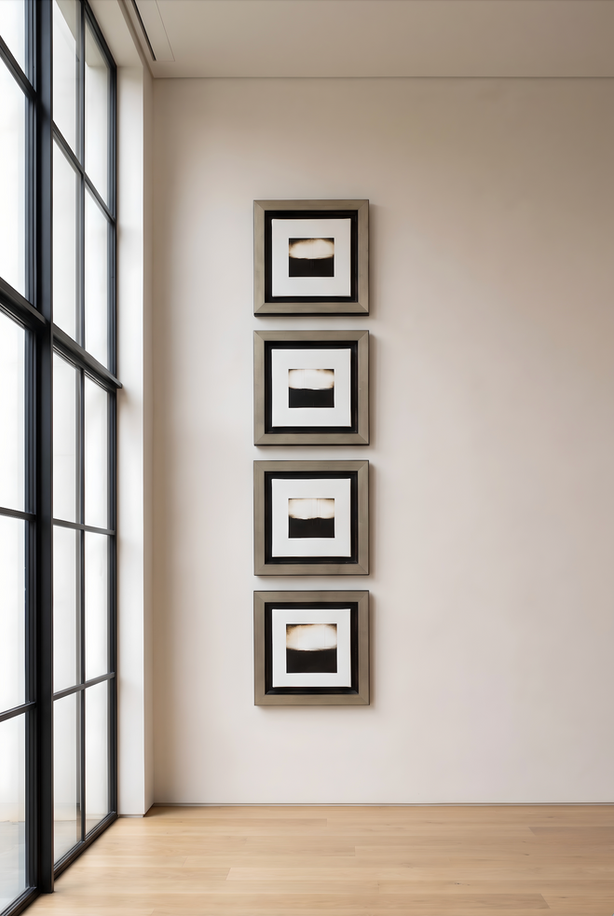 Four framed black and white horizon themed oil on canvas paintings by Jeroen Witvliet