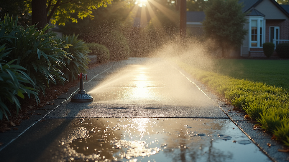 High angle view of a driveway being pressure washed